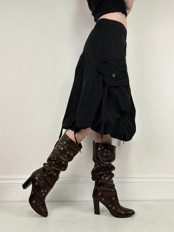 black grunge puff midi skirt