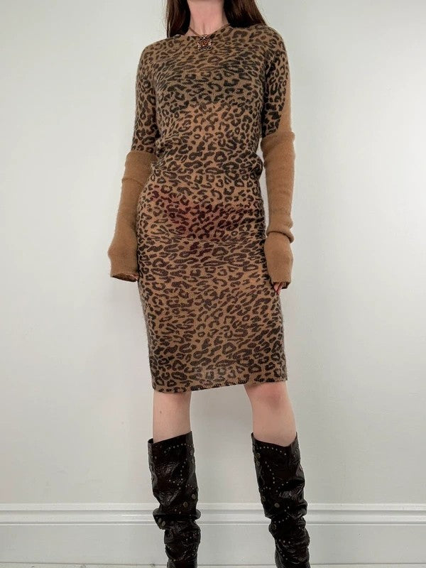 sheer knit long sleeve slouchy leopard printed dress
