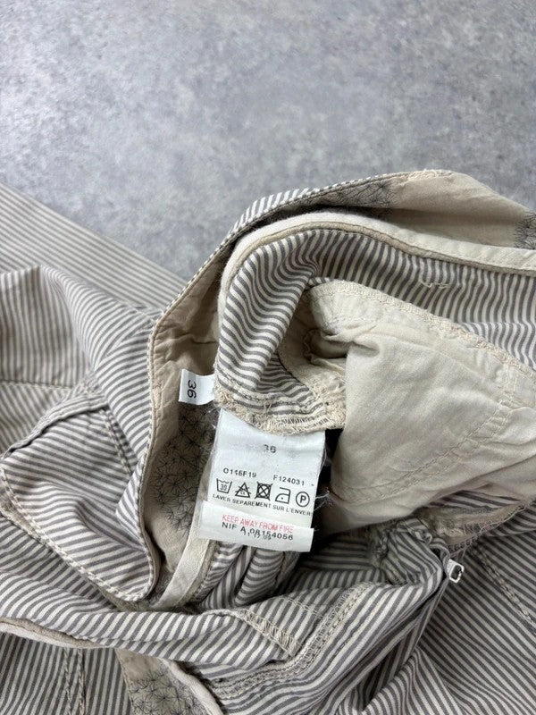 beige pinstripe cargo slim fit cotton trousers