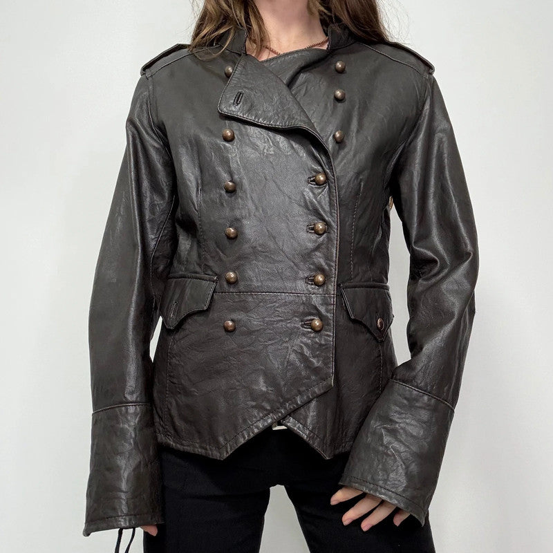 aymmetric brown leather military napolionic jacket