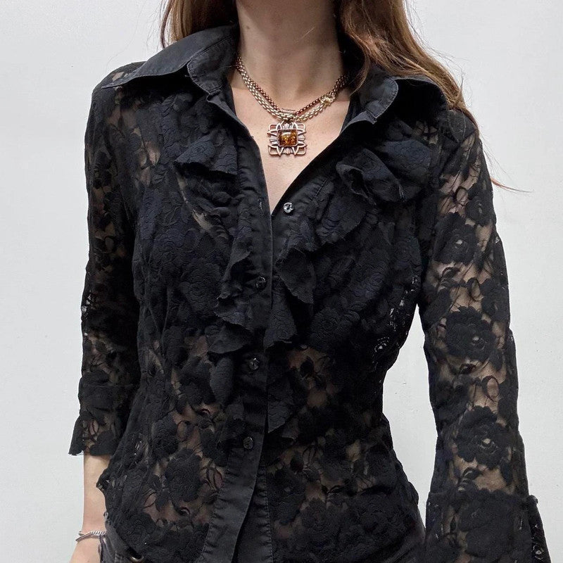 black sheer lace flared shirt