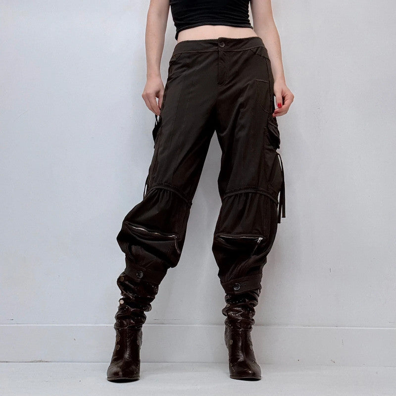 gathered pleated brown low rise grunge utility trousers