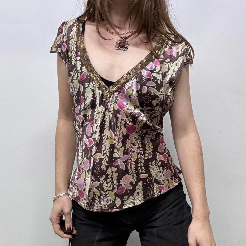 brown floral printed silk fairy top