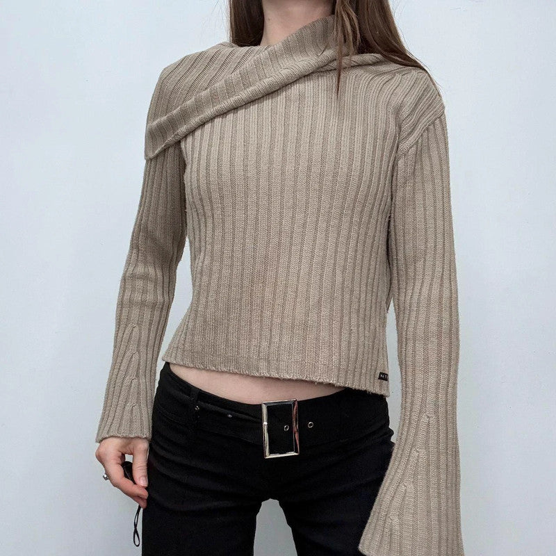 tan ribbed flared fold-over neck jumper