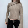 tan ribbed flared fold-over neck jumper