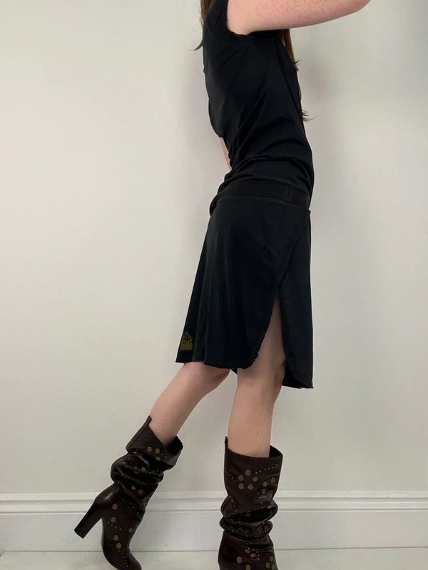 off the shoulder black slouchy drop waist dress