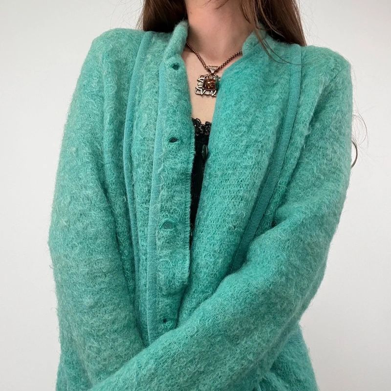 Green Mohair panelled Slouchy Cardigan knit
