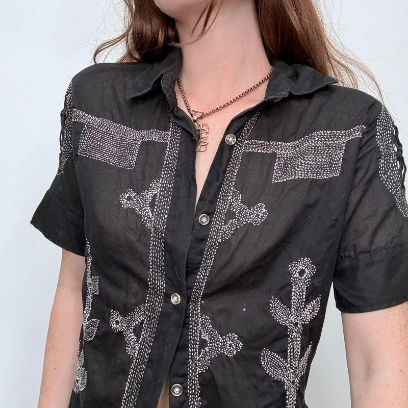 black embroidered stitched button shirt