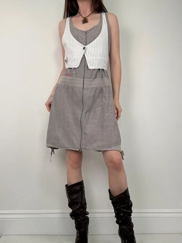 Grey pinstriped layered waistcoat dress