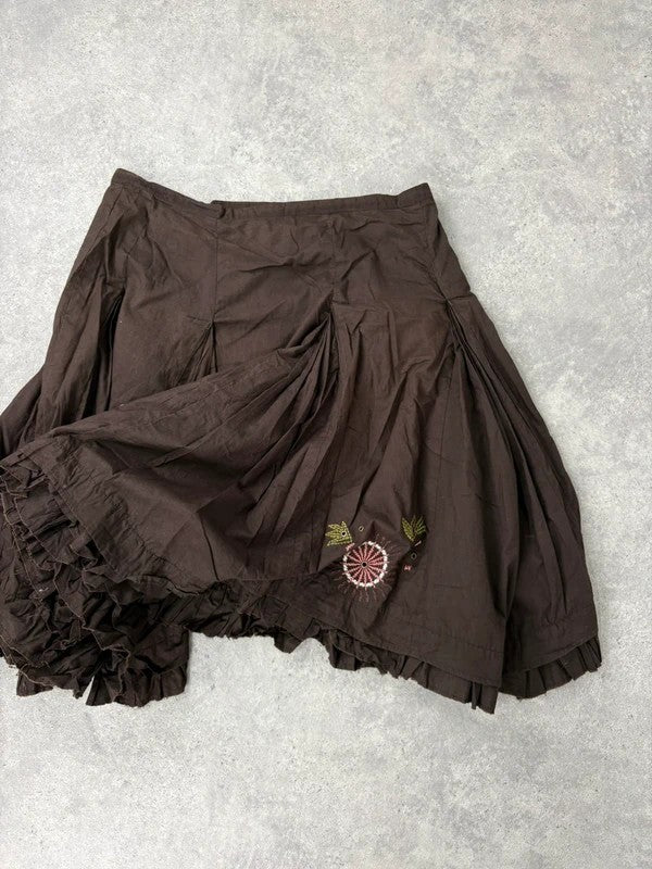 Brown cotton pleated flare boho floral skirt