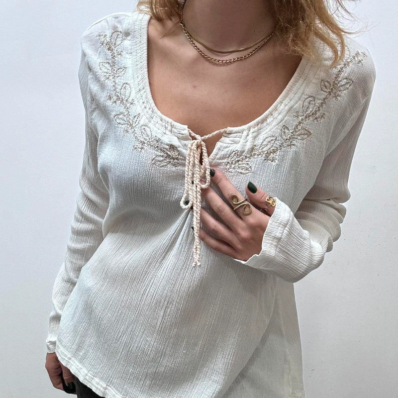 white embroidered flared cheesecloth shirt