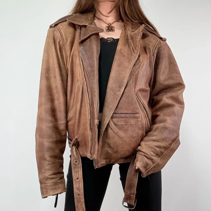 Oversized Brown leather Slouchy Biker Jacket