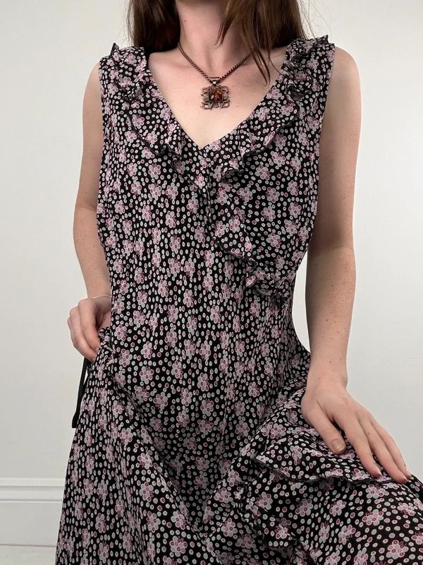 black polkadot ruffle flutter midi dress