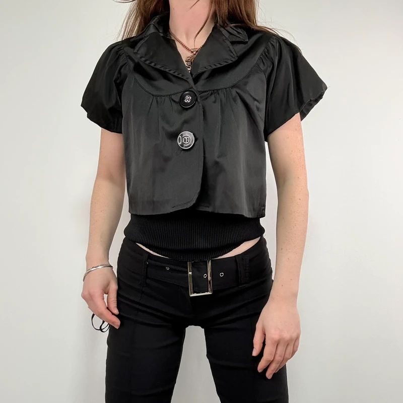 black satin cropped capped sleeve mini jacket