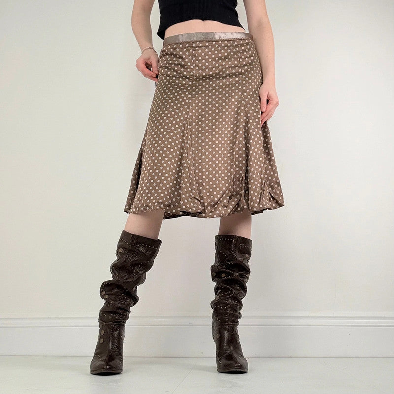 brown silk polka dot midi skirt
