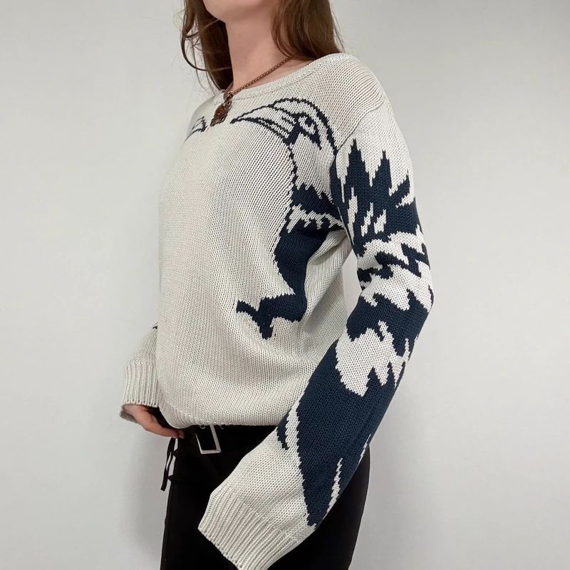 chunky knitted slouchy neck graphic jumper