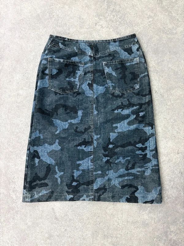 dark denim camo printed midi skirt