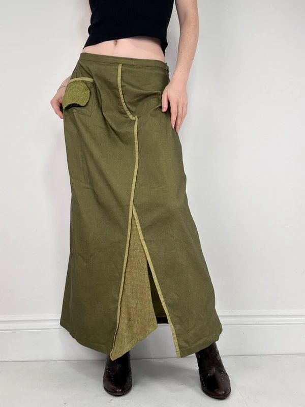 asymmetric khaki maxi skirt