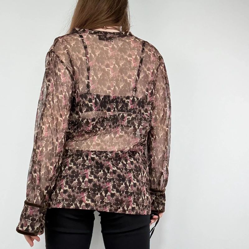 sheer brown and pink printed flared shirt