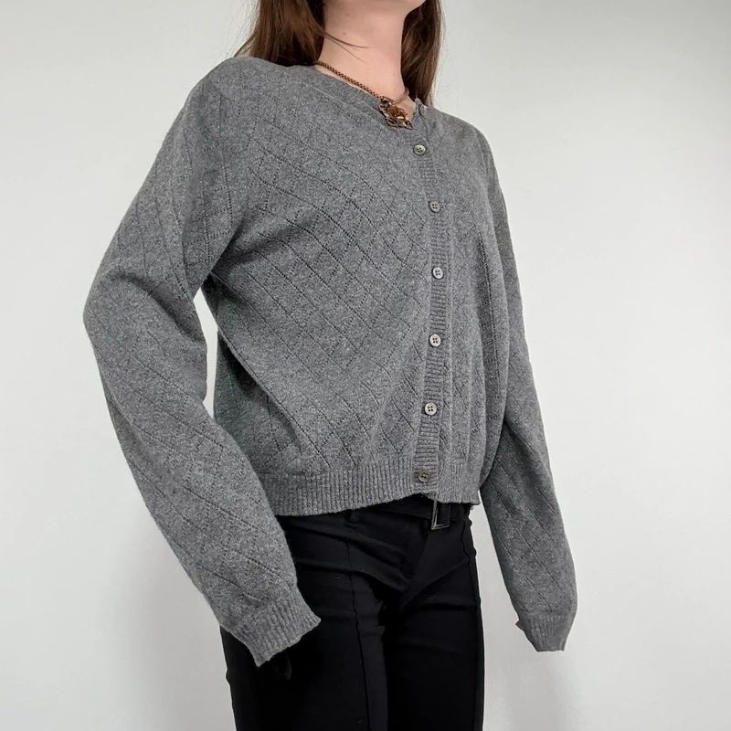 grey wool knitted pointelle cardigan