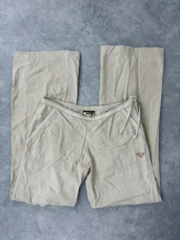 low rise tie waist linen flared trousers