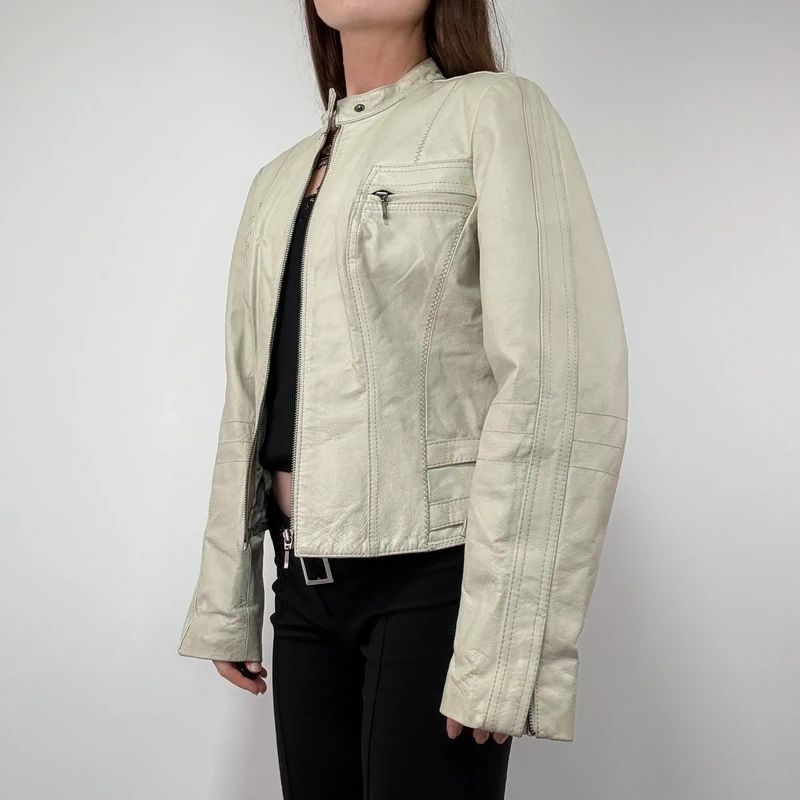 Cream Cropped Leather Biker Jacket