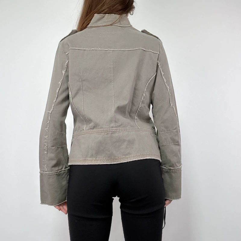 khaki military cotton utility jacket with hook and eyes