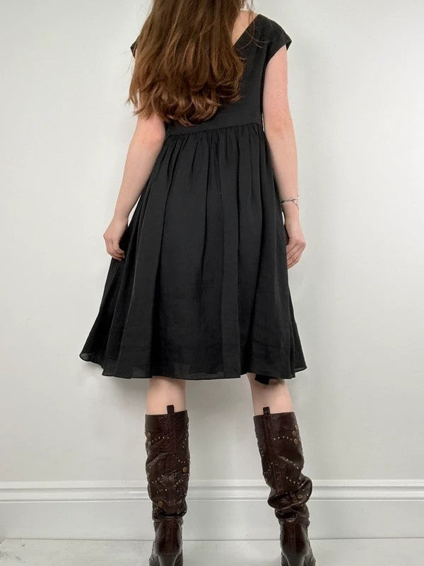 black pleated drop waist linen midi dress