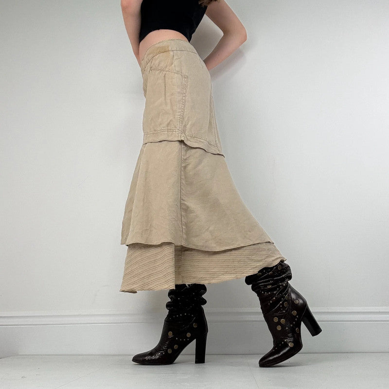 tan linen layered pinstripe midi skirt