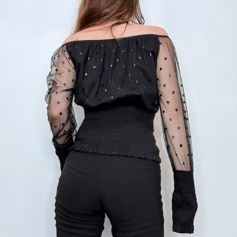 black off the shoulder sheer polkadot top