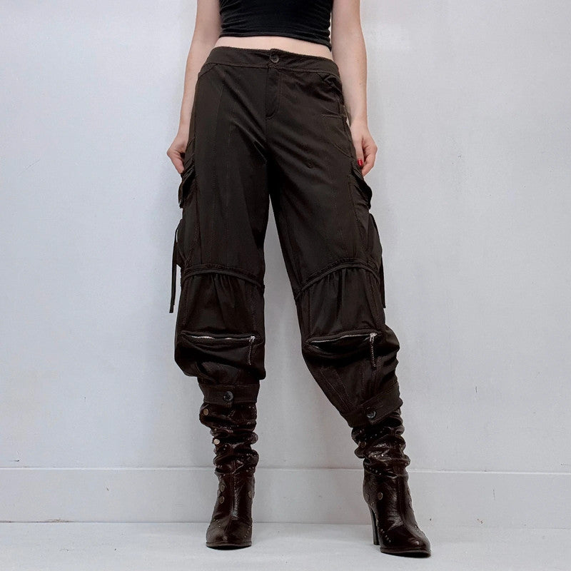 gathered pleated brown low rise grunge utility trousers
