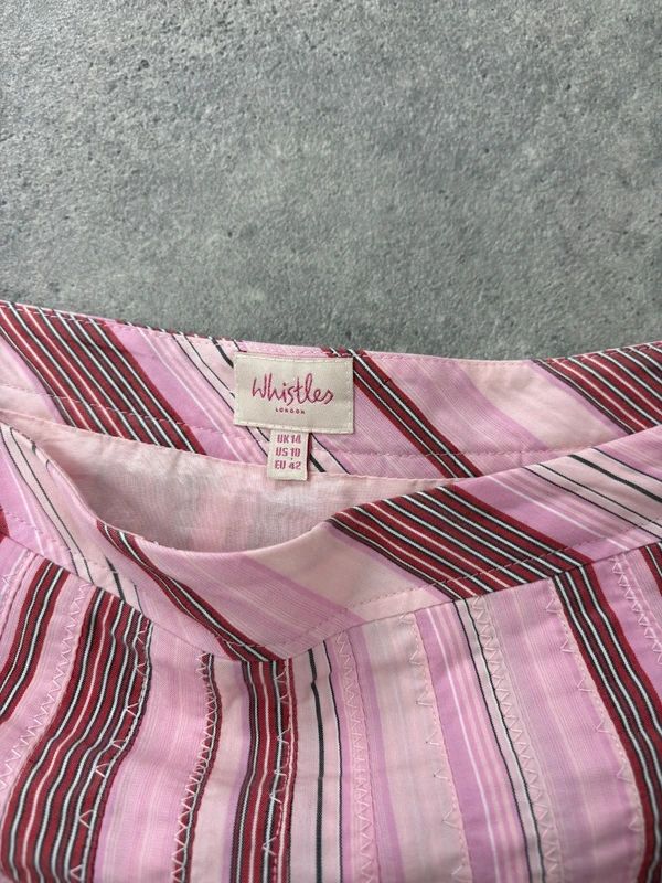 pink cotton pleated pinstripe flared midi skirt