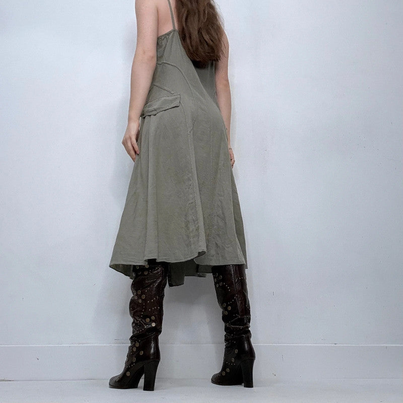 khaki embroidered zip midi dress