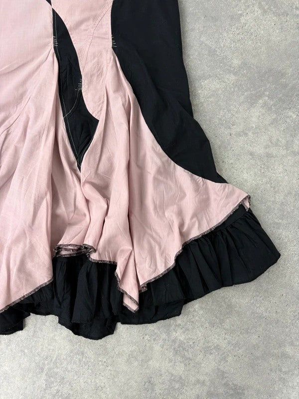 pink and navy gathered asymmetric flared maxi skirt