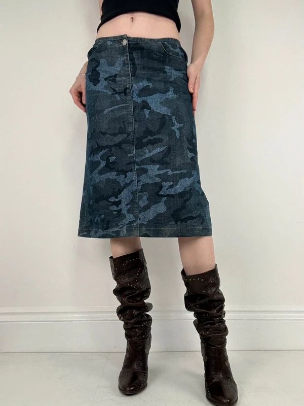dark denim camo printed midi skirt