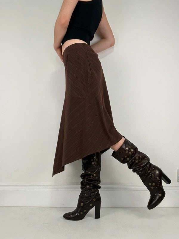 Pinstripe brown asymmetric draped midi skirt