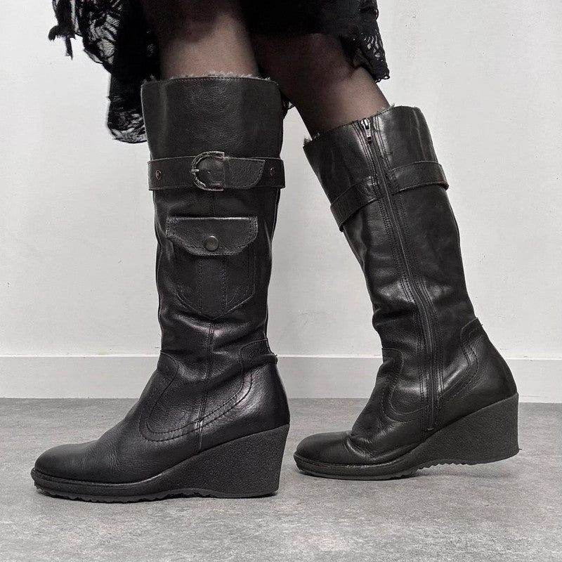 black leather buckle knee high boots
