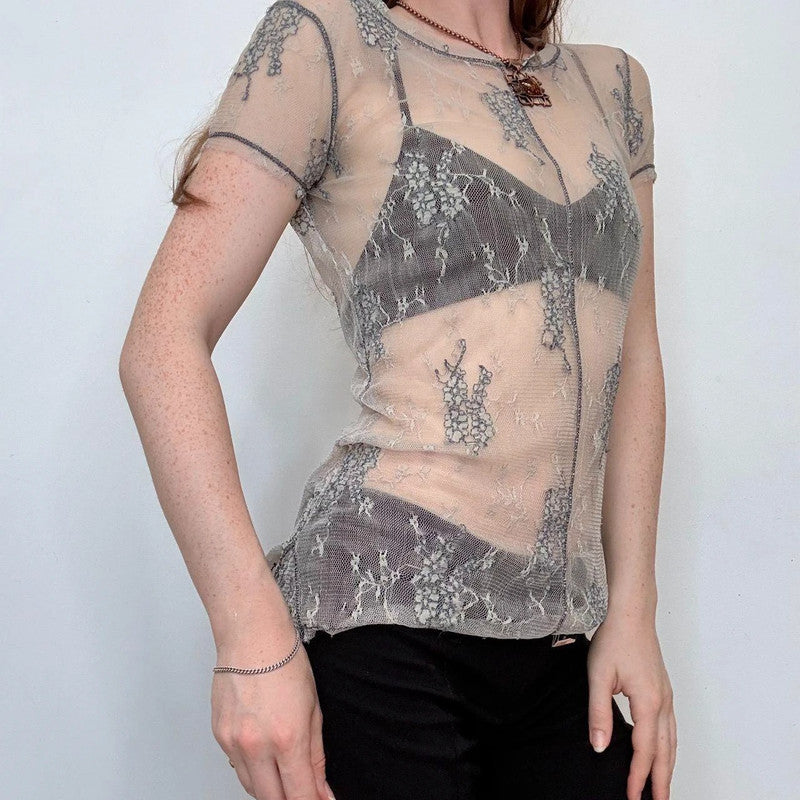 sheer lace whimsical short sleeve top