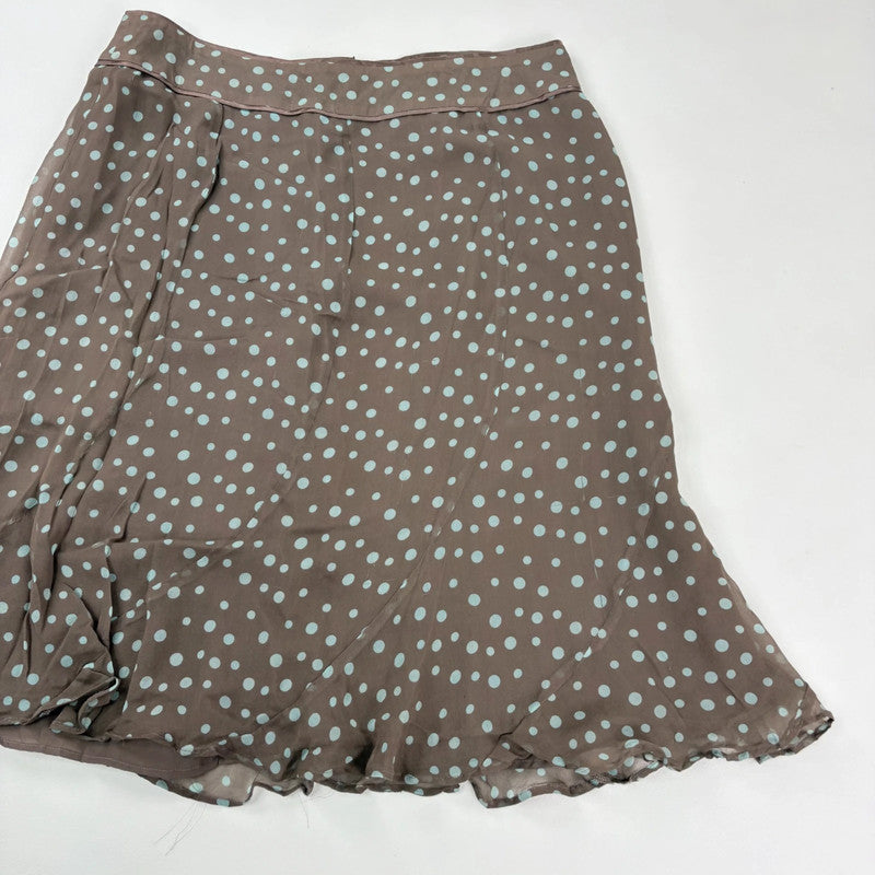polkadot brown silk flared bias cut midi skirt