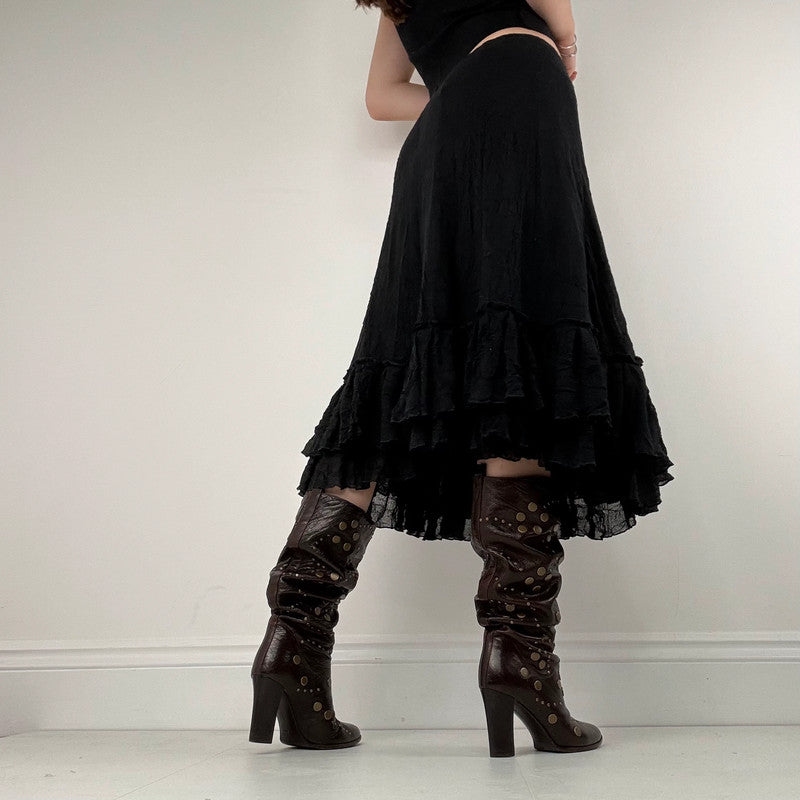 black crinkle pleated ruffle midi skirt