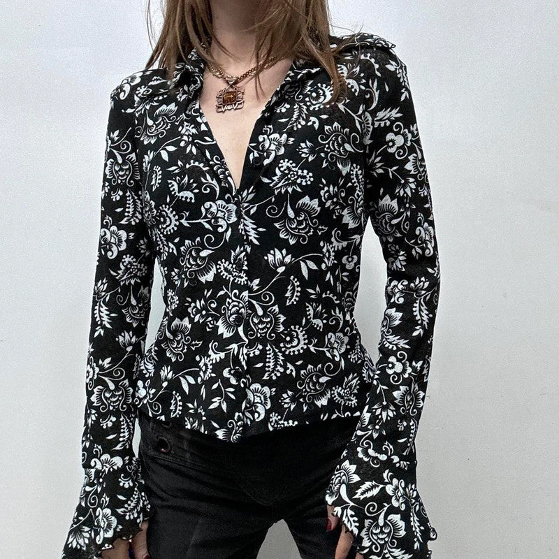 black floral sheer mesh lace shirt