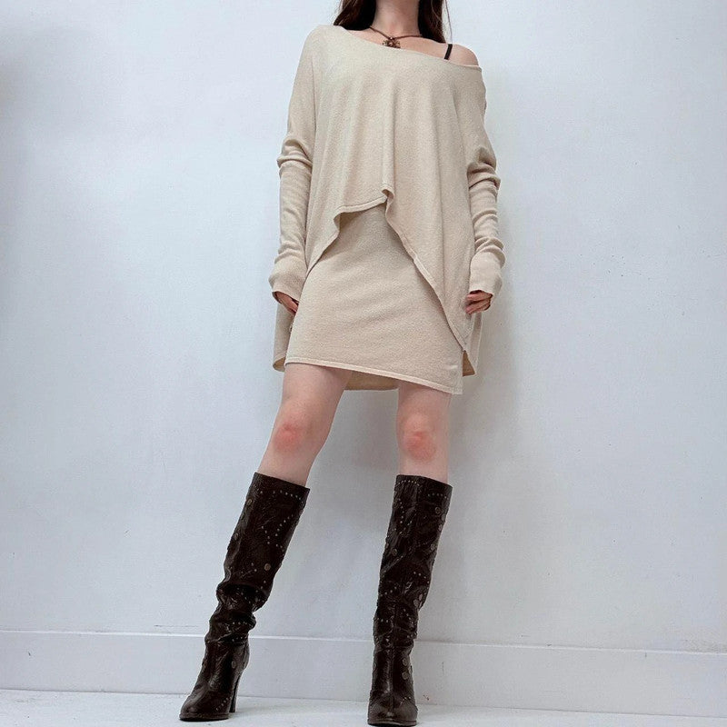 cream draped layered off the shoulder dress