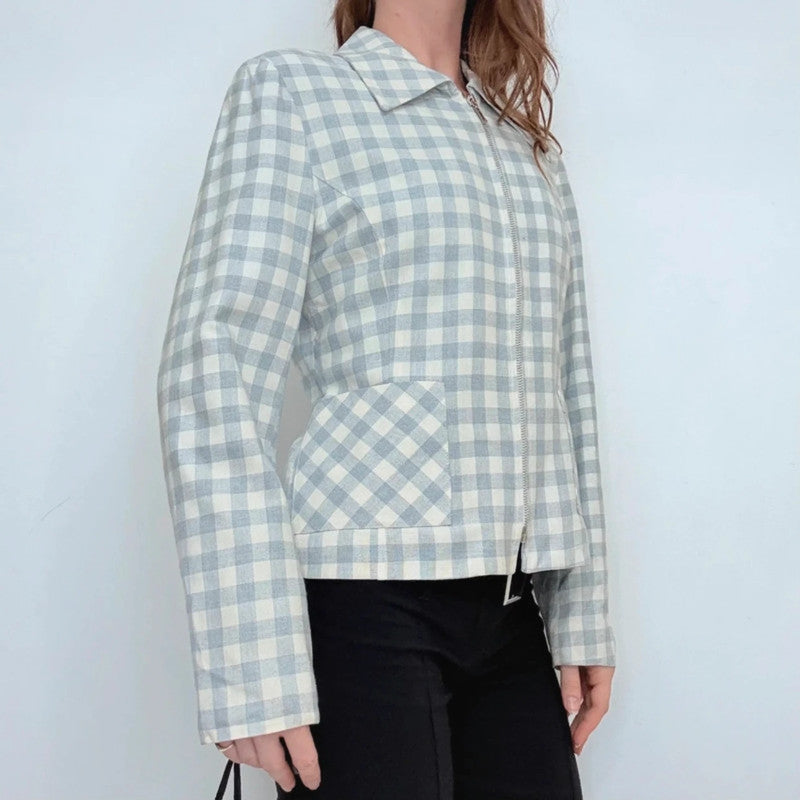 boxy blue and white gingham cropped linen zip-up jacket