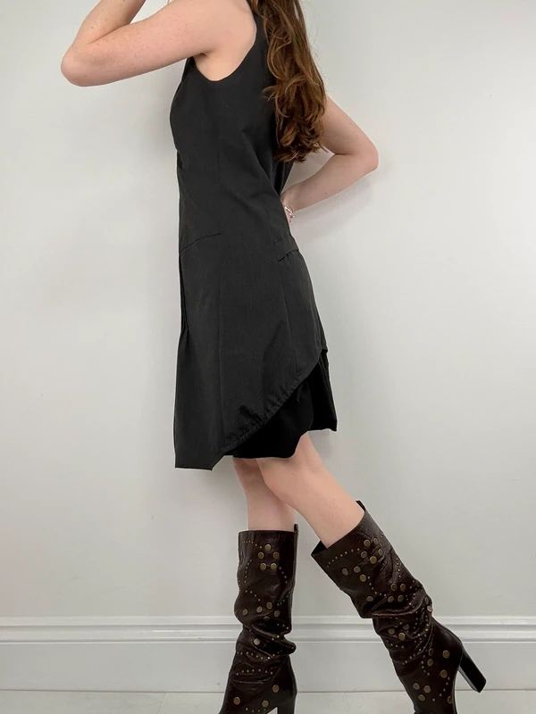 black deconstructed flared midi dress