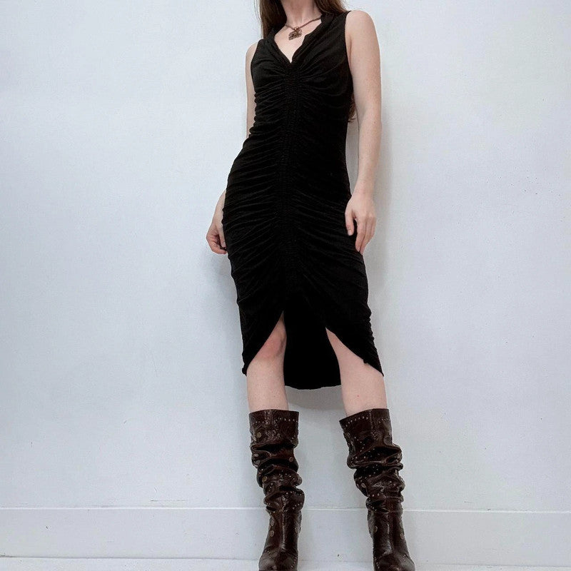 black gathered cinched allsaints silk dress