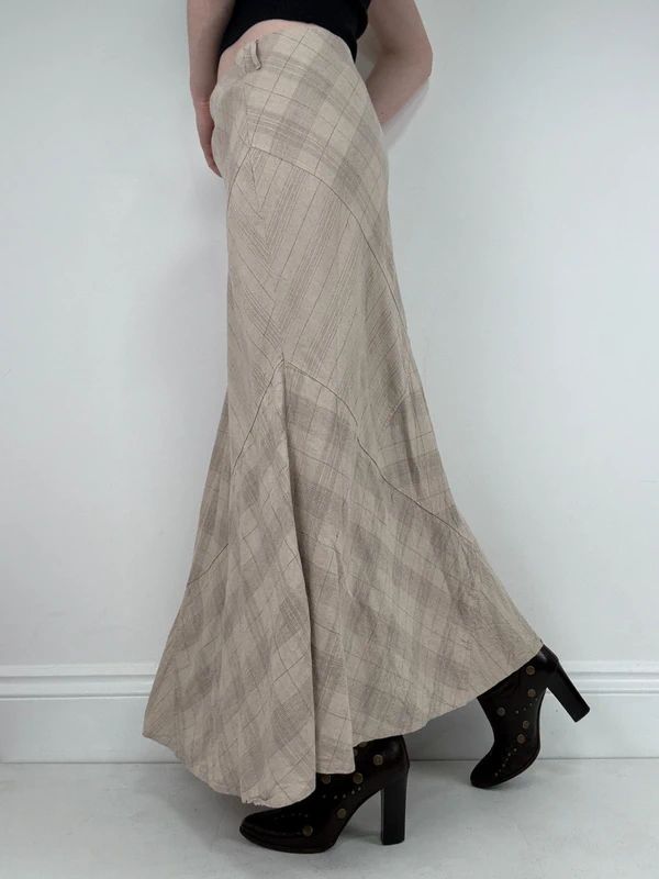 beige linen tartan flared checked maxi skirt