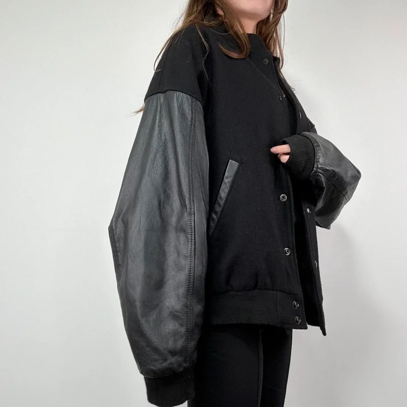 Black Leather Varsity Bomber Jacket