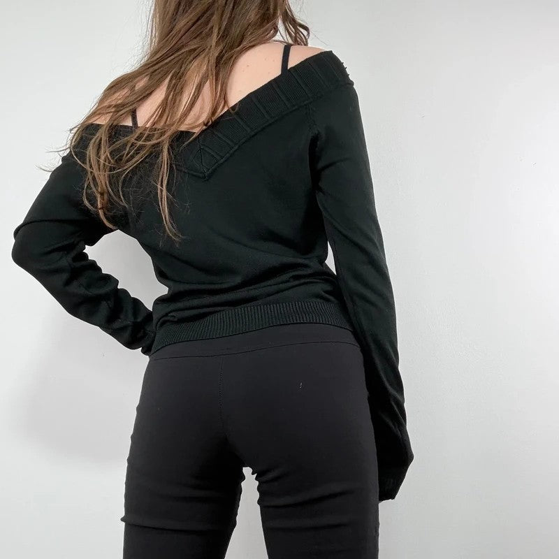 slouchy black off the shoulder glitter ribbed sweater