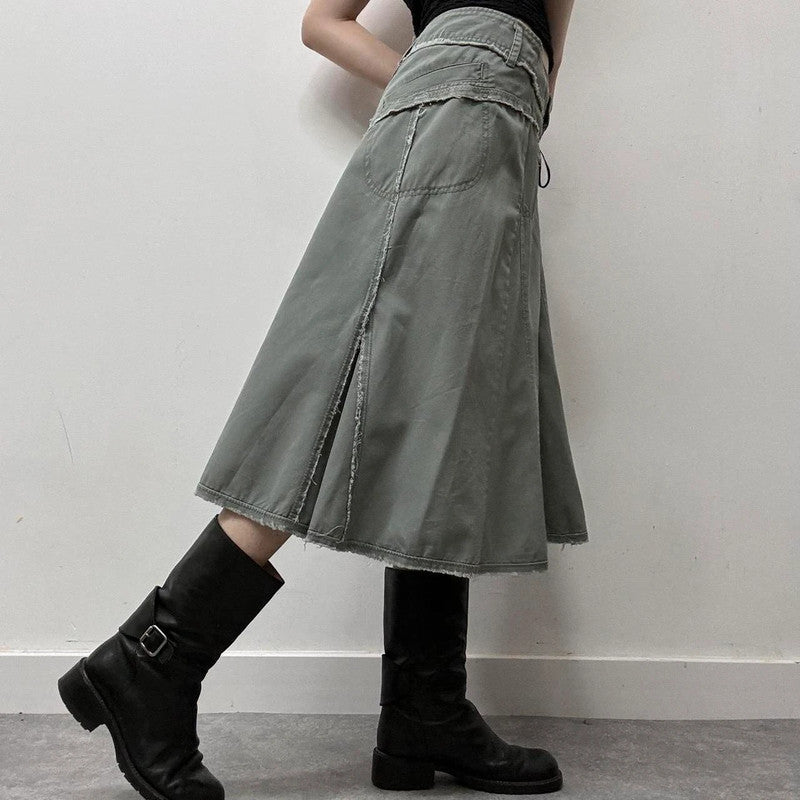 khaki denim distressed skirt