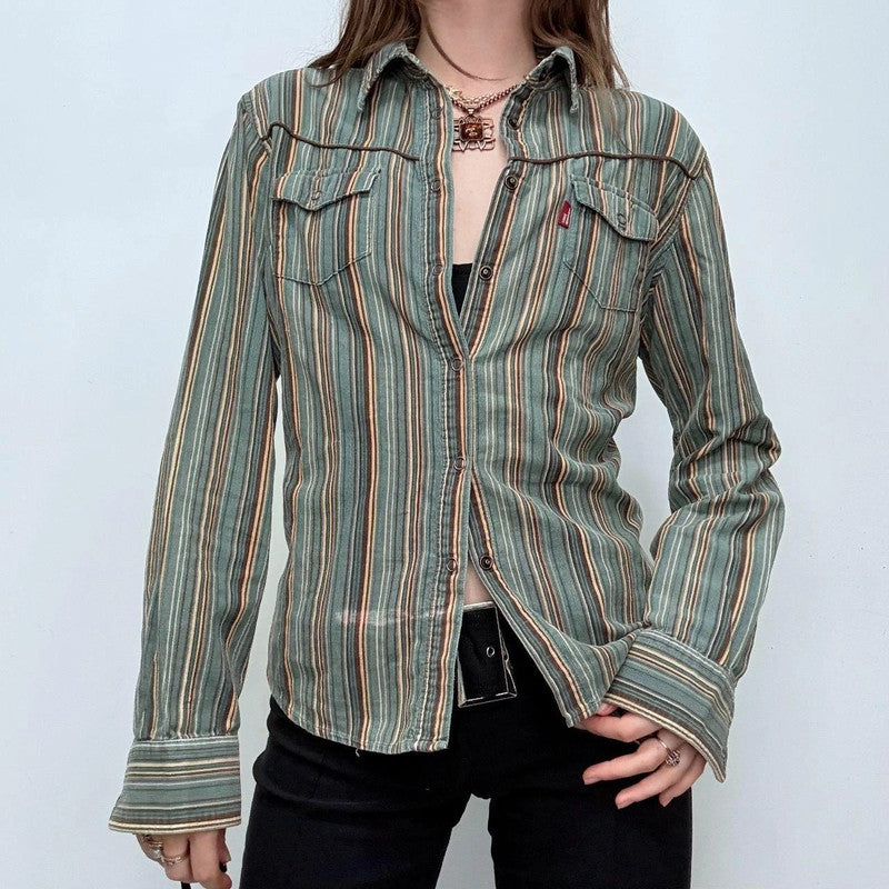 pinstripe khaki flared shirt